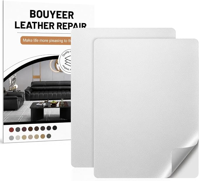 BOUYEER Leather Repair Patch Tape Kit,Self Adhesive Leather Repair for Sofa，Car Seat,Office Chair,Furniture,Jacket,Waterproof Strong Adhesive Vinyl Repair Kit. 8 in x 11 in,Fine Grained White