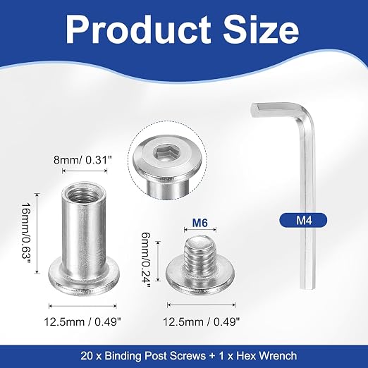 PATIKIL M6x6mm Hex Chicago Screws 8x16mm, 20Pcs 304 Stainless Steel Metric Hex Drive Socket Cap Binding Post Screw Posts for Scrapbook Leather Belt Album Furniture Repair, Silver