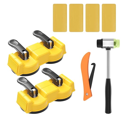 Floor Gap Fixer Tool Kit – 2-in-1 Double Sided Suction Cup with Hammer & 4 Pads for Laminate, Vinyl, Hardwood Floor Repair – Dual-Head Striking Tool for Tight Spaces(2pcs Suction Cups kit)