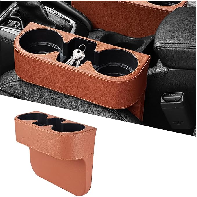 Car Gap Filler Organizer, Multifunctional Leather Console Side Crevice Blocker Storage Box with Cup Holder, Auto Seat Gap Stopper Organizer for Keys, Phones, Glasses, Universal Fit (Brown)