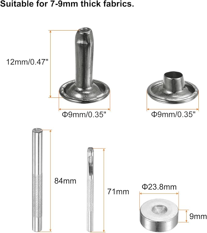 HARFINGTON 100 Sets Leather Rivets 12 x 9mm Metal with 3 Setter Tools Gunmetal