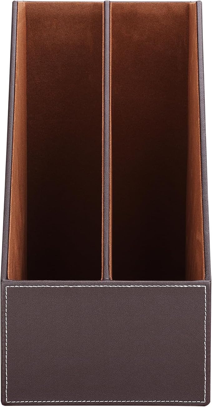 KINGFOM Wooden Leatherette Desktop File Folder Organizer and Document File Stand Journals Magazine Rack 2 Slots (brown)