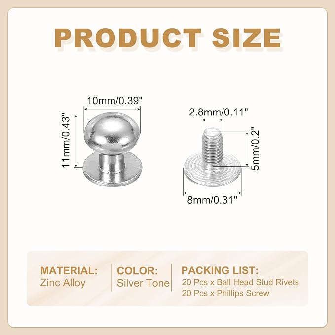 PATIKIL 10 mm Leather Rivets, 20 Sets Ball Head Stud Screw Back Round Head Button Chicago Screw Nipple Stud Rivet for Leather DIY Craft Handbag Belt Repairs, Silver Tone