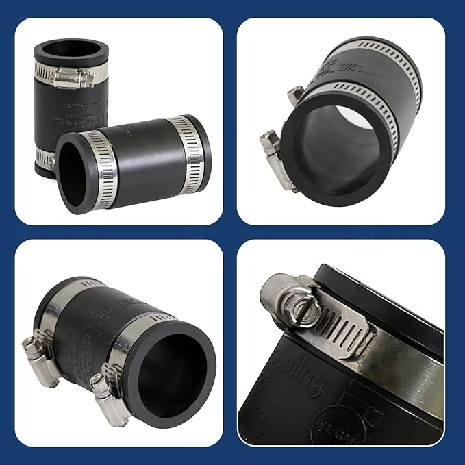 Supply Giant 6I45 Flexible Pvc Coupling with Stainless Steel Clamps, 1.6" Inner diameter for 1-1/4" Nominal Pipe, Black