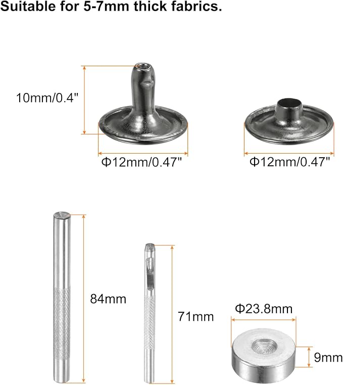 HARFINGTON 100 Sets Leather Rivets 10 x 12mm Metal Double Cap Rivet Snaps Studs Fasteners with 3pcs Setting Tools Rivets for Leather Craft DIY Repair Decoration, Gunmetal