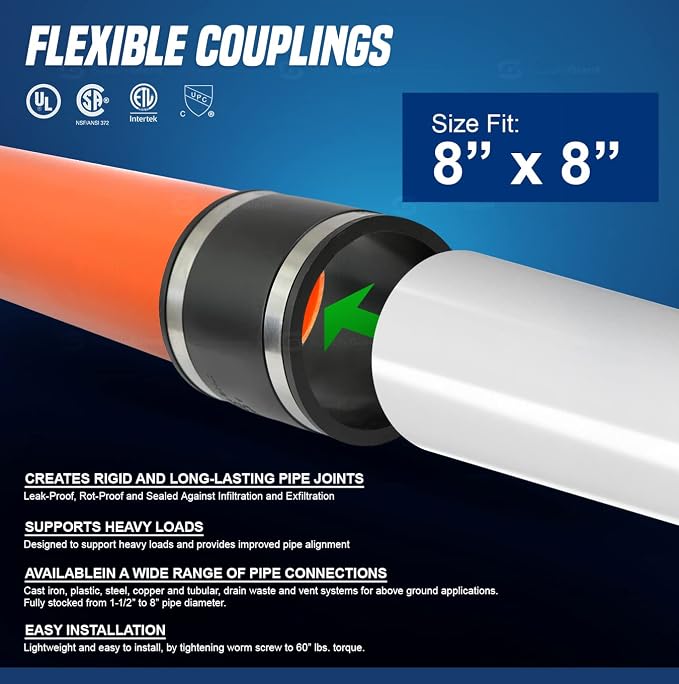 Supply Giant 6I5J Flexible PVC Coupling with Stainless Steel Clamps, 8.6" Inner Diameter for 8" Nominal Pipe, Black