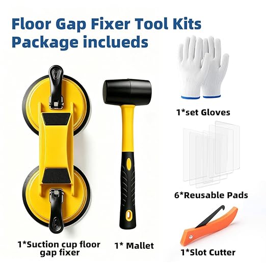 Floor Gap Fixer Tool Enhanced Suction Cup 45°Striking Surface Floor Laminate Flooring Tools with Suction Cup and Mallets and 6pcs Sticky Pads Slot Cutter for Vinyl Flooring Repair Tool (Yellow)