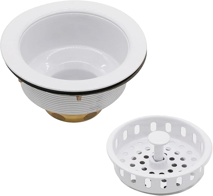 Westbrass CO2165S-50 COMBO PACK 3-1/2" Post Style Large Kitchen Sink Basket Strainer and Waste Disposal Drain Flange with Basket Strainer, Powder Coat White