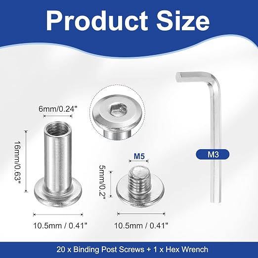 PATIKIL M5x5mm Hex Chicago Screws 6x16mm, 20Pcs 304 Stainless Steel Metric Hex Drive Socket Cap Binding Post Screw Posts for Scrapbook Leather Belt Album Furniture Repair, Silver