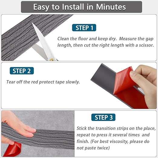 Floor Transition Strip 2" Self Adhesive Flat Vinyl Flooring Transitions Strip with Strong Backing Wood Grain 5cm, 20FT, Deep Grey