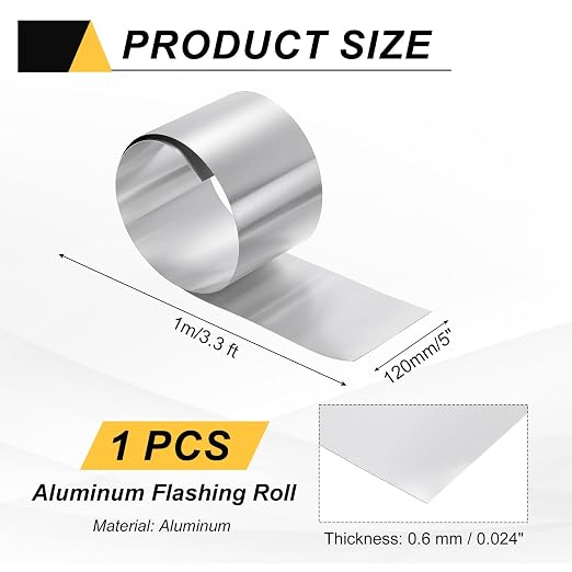uxcell Aluminum Flashing Roll, 5in x 3.3ft Metal Roof Panels 0.6mm Waterproof Aluminum Sheet Roll for House Repair, Roof Flashing, Sealing Windows Doors, DIY Projects
