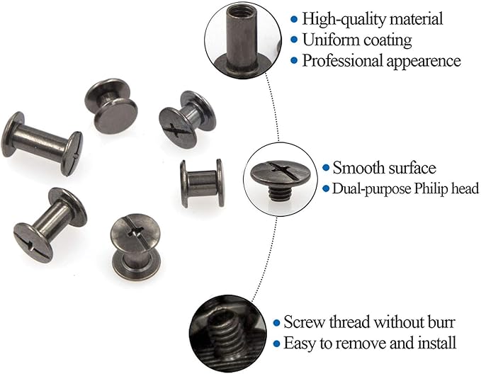 Black Chicago Screw Leather Assorted Kit, 90 Sets, 6 Sizes | M5 X 4, 5, 6, 8, 10, 12, Screw Rivets for Leather, For DIY Leather Craft, For Bookbinding