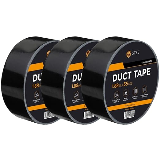 GTSE Black Duct Tape, 2 Inches x 55 Yards (164 ft), Heavy Duty, Waterproof Repair Tape for Indoor or Outdoor Use, 3 Rolls