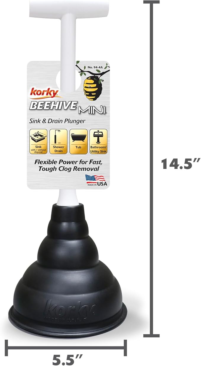 Korky Beehive Mini Sink and Drain Plunger - Works for Bathrooms, Kitchens, Sinks, Baths and Showers - Strong Suction Power for Easy Clog Removal