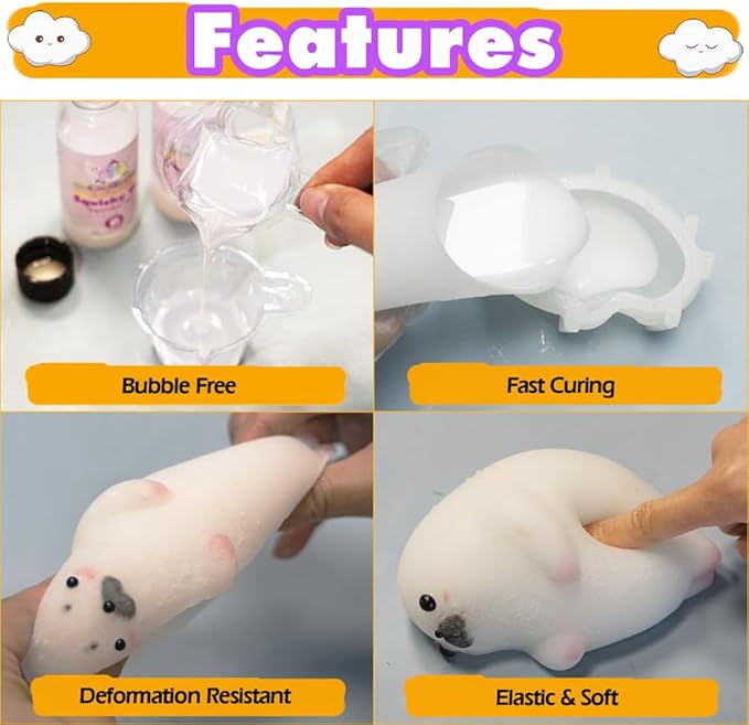 Taba Squishy Kit Big Seal Silicone Mold 6''+Liquid Gel+Flocking Cute Animal Making Set