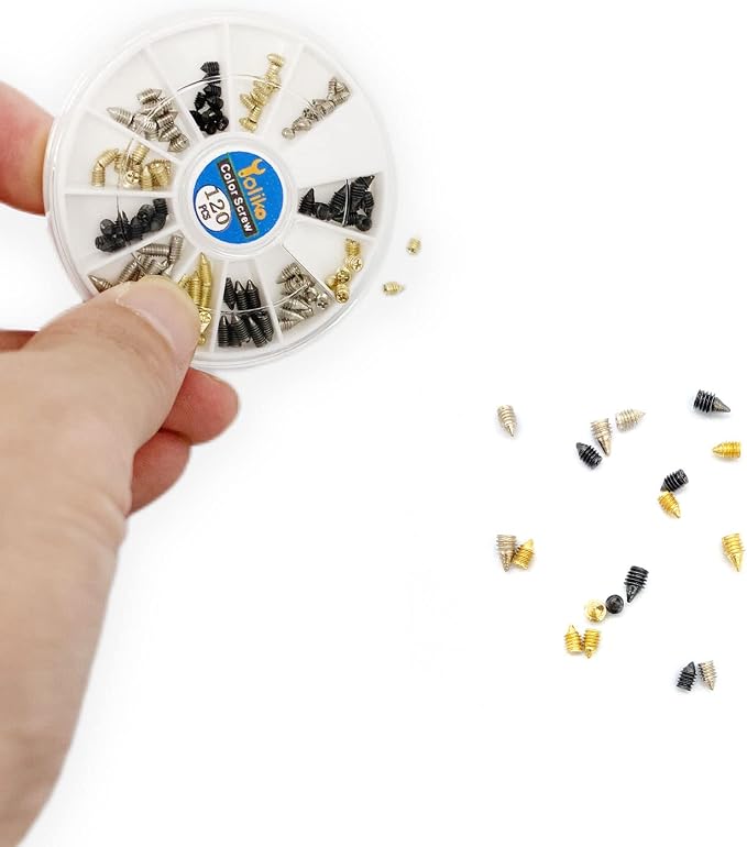 120 Pcs Nickel Plated Tip Screws Pointed Cross Slot Leather Accessories 3 Colors 4 Sizes Belt Screws Include M2x3，M2.5x4，M2.5x6，M3x5 with 2mm Screwdriver for Belt Buckle Wallet Handbag Purse