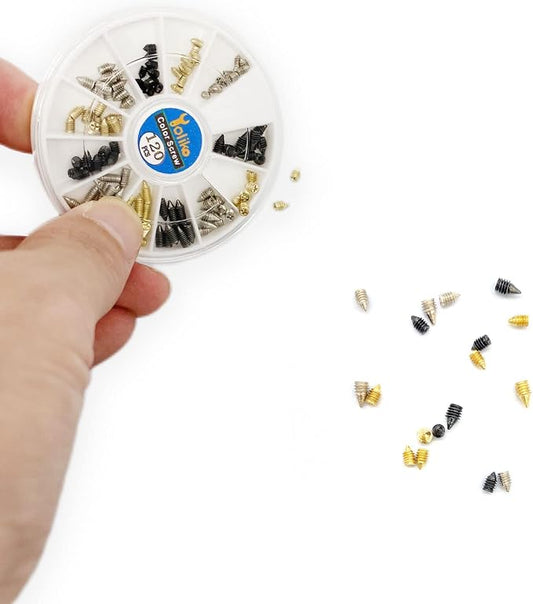 120 Pcs Nickel Plated Tip Screws Pointed Cross Slot Leather Accessories 3 Colors 4 Sizes Belt Screws Include M2x3，M2.5x4，M2.5x6，M3x5 with 2mm Screwdriver for Belt Buckle Wallet Handbag Purse