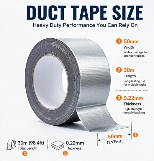 Silver Heavy Duty Duct Tape, 1.97" x 98FT (32.8 Yards) Waterproof Adhesive Tape for Home Industrial Pipe Repair Tear by Hand（GU013