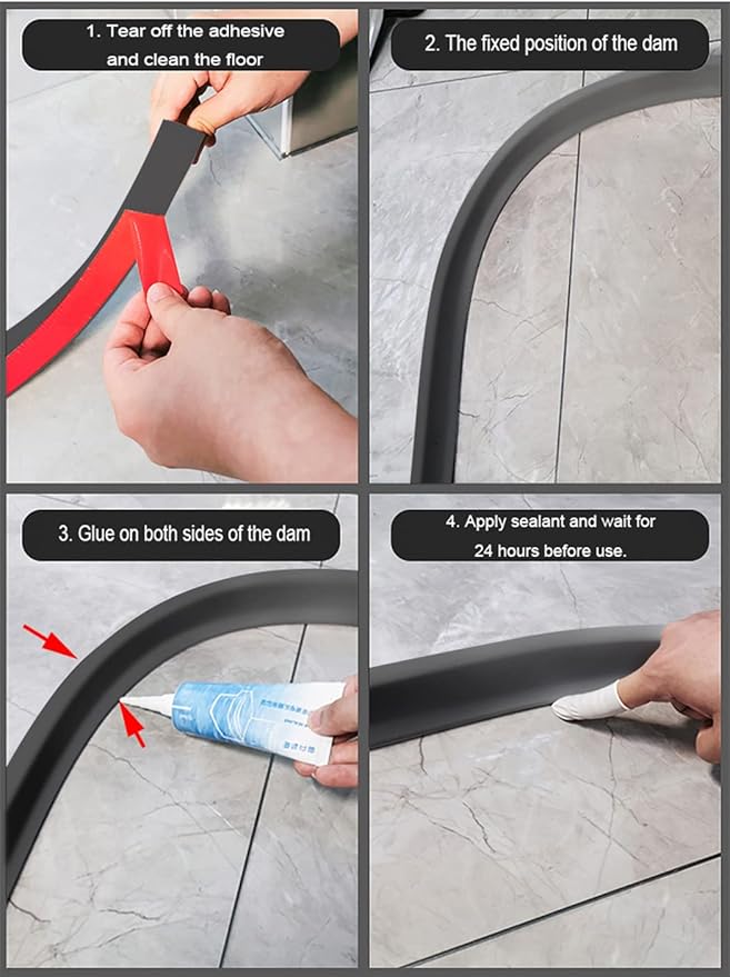 39Inch Collapsible Shower Threshold Water Dam 2" High Shower Barrier Water Stopper 2" Tall Shower Water Guard To Keep Water In Shower Dry And Wet Separation Bathroom Wheelchair Accessible Black