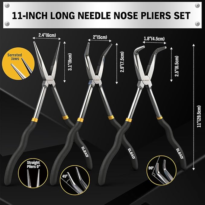 5-Piece 11 Inch Long Needle Nose Pliers Set with 4 Magnetic Plier Racks, Extra Long Reach Pliers Set, 45° & 90° Bent Needle Nose Pliers, Circle Nose and Diagonal Pliers for Tight Spaces