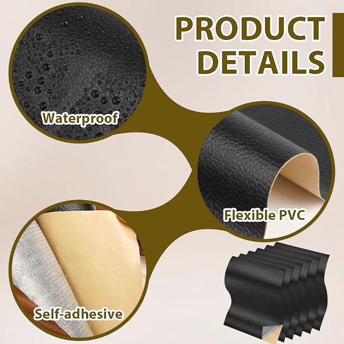 8 Sheets Faux Leather Repair Patch Self-Adhesive Black Leather Patches Waterproof Vinyl Repair Kit for Furniture Car Seats Couch Sofa Chair Surface