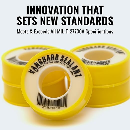Teflon Gas Pipe Thread Sealant - PTFE Yellow Teflon Tape for Gas Fittings - 260" Length Pipe Thread Tape 1/2 inch High Resistance Leak Prevention - Propane Thread Seal Tape