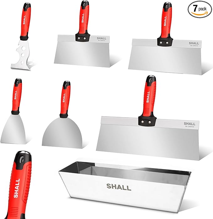 SHALL Drywall Tool Kit, 7 Pcs Stainless Steel Set Includes Putty Knife, Taping Knife, Painter Scraper Tool & 12" Mud Pan for Joint Taping, Finishing, Patching
