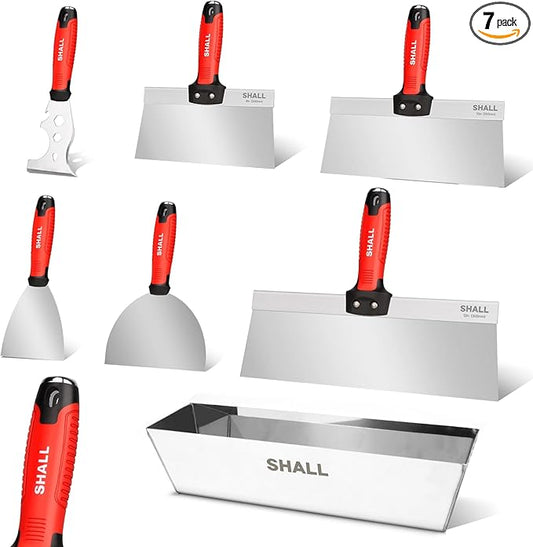 SHALL Drywall Tool Kit, 7 Pcs Stainless Steel Set Includes Putty Knife, Taping Knife, Painter Scraper Tool & 12" Mud Pan for Joint Taping, Finishing, Patching