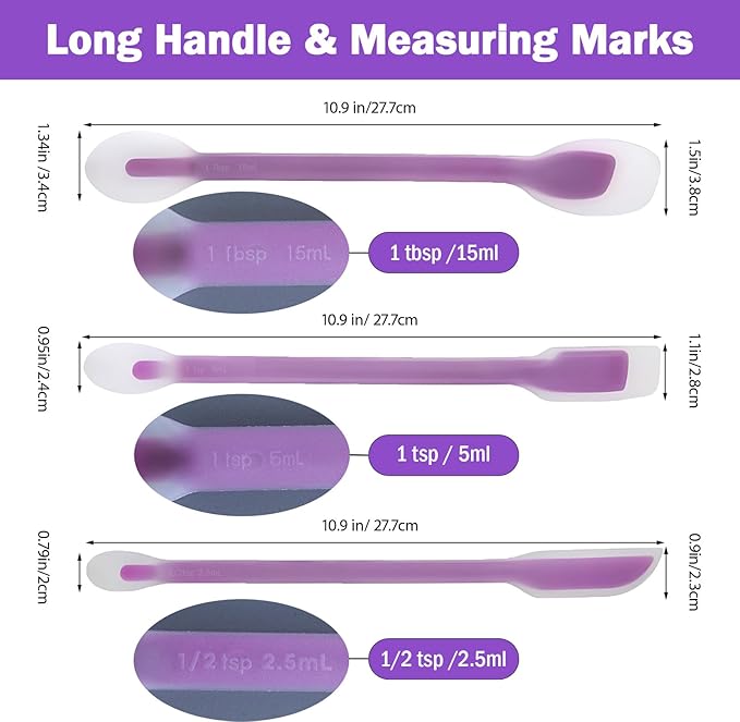 Long Handle Jar Scraper & Dual-Ended Silicone Spatula Spoon Set of 3 – Peanut Butter Spatula with Measuring Scale (1 Tbsp, 1 Tsp, 1/2 Tsp) for Deep Jars, Jam, Mayo, Blender Cups (purple)