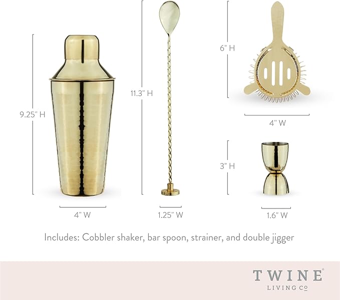 Twine 4-Piece Gold Hammered Cocktail Shaker Set Includes Cobbler Shaker, Strainer, Jigger, Bar Spoon for Classic Cocktails, Mixed Drinks, Cold Brew, Home Bar Tools, Bartender Kit, Bar Cart Accessories
