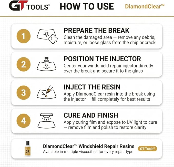 DiamondClear Windshield Repair Resin CR - Glass Nano Repair Fluid for Fixing Long Cracks - 15cc