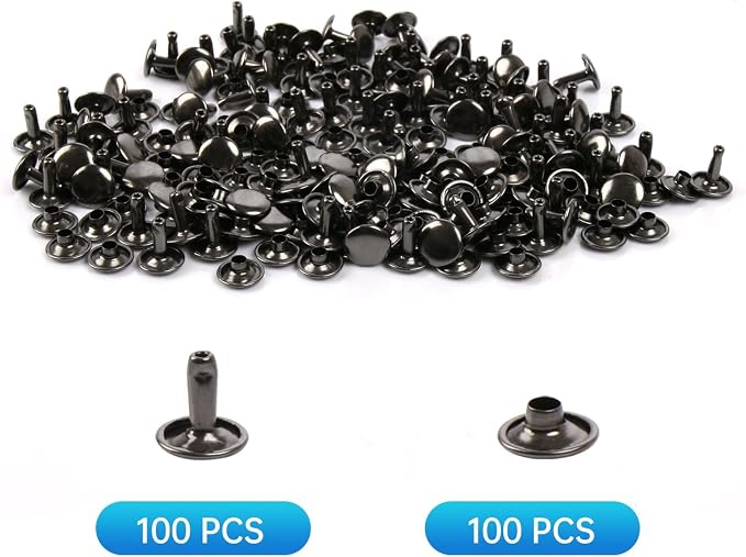 100 Sets Leather Rivets 9x10mm Double Cap Rivets Snaps Metal Studs Fasteners with 3pcs Setting Tools for Leather Craft DIY Repair Decoration, Gunmetal