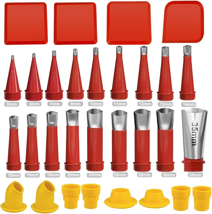 30Pcs Caulking Finisher Kit, Caulking Nozzle Tips Stainless Steel 18 Caulking Nozzle Applicators with 8 Connector Caulking Guns and 4 Grout Scraper for Bathroom Kitchen Doors Windows