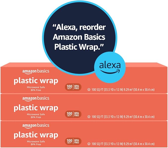 Amazon Basics Plastic Food Wrap, BPA Free, Microwave Safe with Tight Seal, 300 Sq Ft, Pack of 3, 100 Sq Ft Rolls
