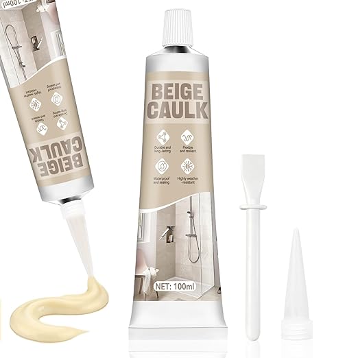 Beige Caulk, Silicone Caulk for Bathroom Shower Kitchen Tile Floor Sealing, Waterproof, Stronger Adhesion, Shrink & Crack Proof, with A Scraper for Applying Evenly, 100g