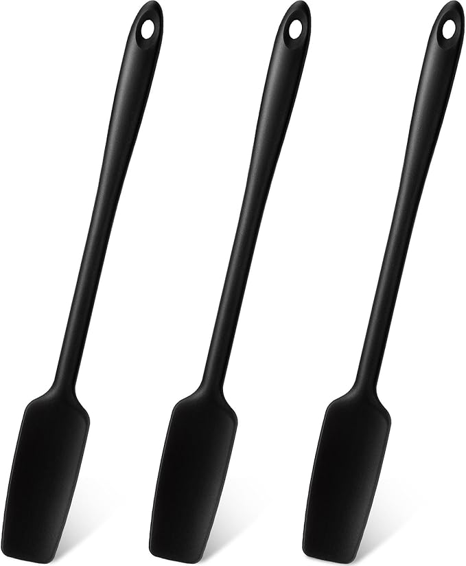 Patelai 3 Pieces Silicone Jar Spatula Long Handle Rubber Spatula Heat Resistant Non-Stick Silicone Scraper Kitchen with Stainless Steel Core for Baking(Black)