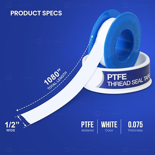 Supply Giant Plumbers PTFE Tape 1/2" W x 1080" L 10 Rolls Pipe Thread Tape, High Density Thread Sealant Tape Water Seal Plumbing Tape for Shower Head, Pipes, Gas Lines, Leak Prevention