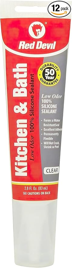 Red Devil 0885 Kitchen & Bath Low Odor Silicone Sealant, 2.8 Oz Squeeze Tube, Clear, Pack of 12