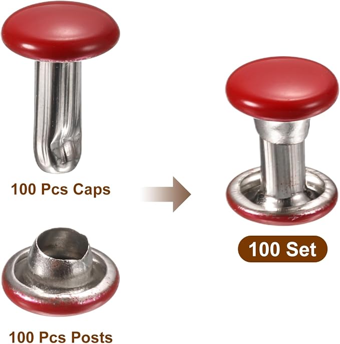 HARFINGTON 100 Sets Double Cap Leather Rivets, 6x8mm Round Cap Tubular Metal Studs Leather Crafting Rivets for Fabric Belt Pet Collar Boot Bag Repair and Decoration, Red