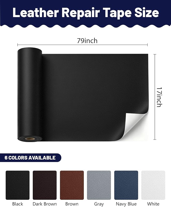 BOUYEER Leather Repair Patch Tape Kit,Self Adhesive Leather Repair for Sofa，Car Seat,Office Chair,Furniture,Jacket,Waterproof Strong Adhesive Vinyl Repair Kit. 17 in x 79 in,Fine Grained Black