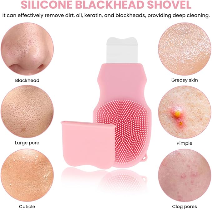 Blackhead Remover Tool for Face and Nose, 2 in 1 Silicone Face Cleansing Brush and Stainless Steel Blackhead Scraper Spatula, Mask Applicator for Men and Women(Pink)