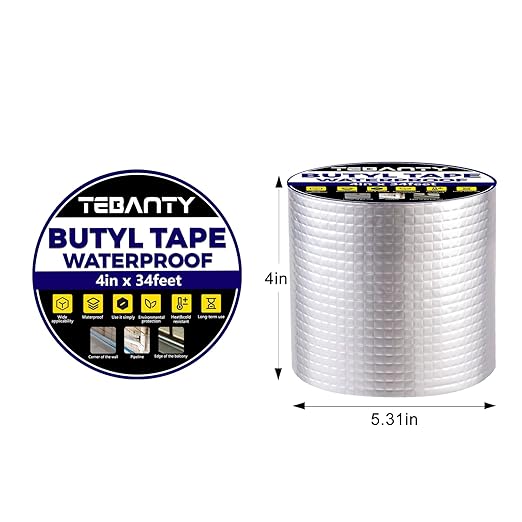 Butyl Tape Waterproof Sealing Tape 4Inch x 34Feet, Aluminum Foil Tape, Butyl Sealant Tape for Pipe Sealing, RV Repair, Window, EDPM Roof Leak Patching, Boat and Pipe Sealing