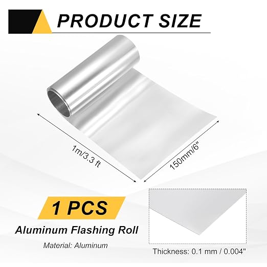 uxcell Aluminum Flashing Roll, 6in x 3.3ft Metal Roof Panels 0.1mm Waterproof Aluminum Sheet Roll for House Repair, Roof Flashing, Sealing Windows Doors, DIY Projects