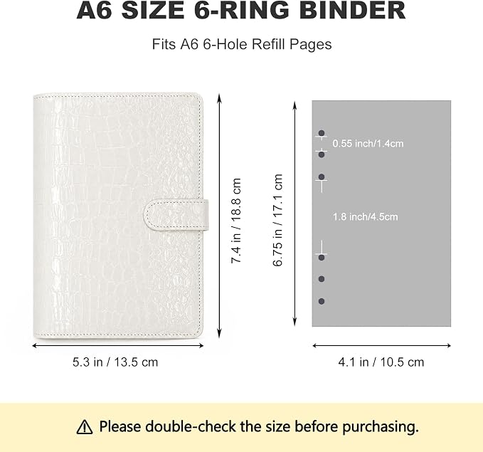 Convend A6/A5 Refillable 6 Ring Faux Leather Budget Binder,Mini Notebook Binder Cover for A5 Filler Paper,Loose Leaf Personal Planner Cover with Magnetic Buckle Closure(Crocodile-White)