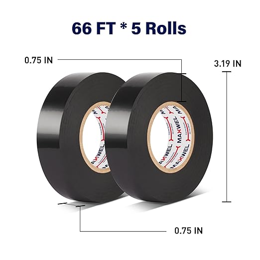 5 Rolls PVC Black Electrical Tape – Vinyl Professional Electric Tape, Waterproof, Flame Retardant, 3/4 in x 66 ft per Roll, Multipurpose Wire & Cable Insulation for Home, Auto & Industrial Use