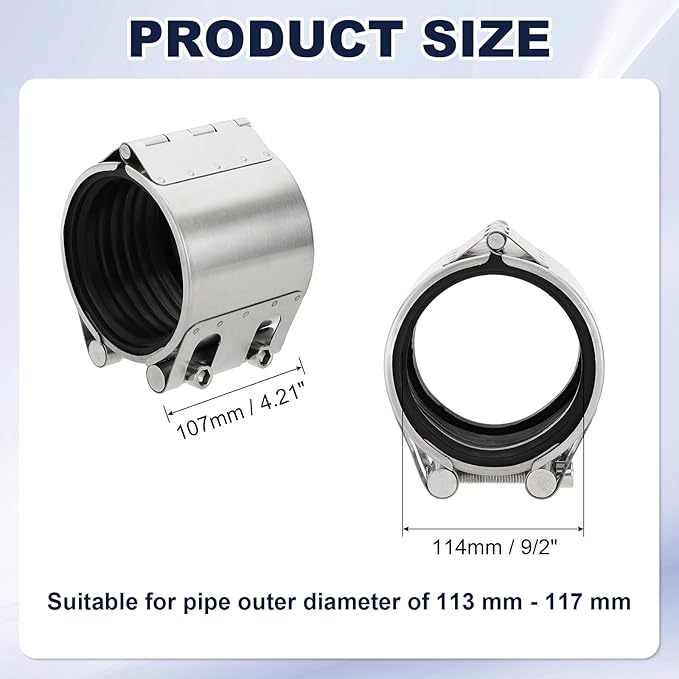 HARFINGTON Pipe Repair Clamp 4-1/2" OD 113mm-117mm 304 Stainless Steel Leak Sealer Emergency Pipe Repair for Plastic Metal Tubing Water Gas Oil Lines, Silver