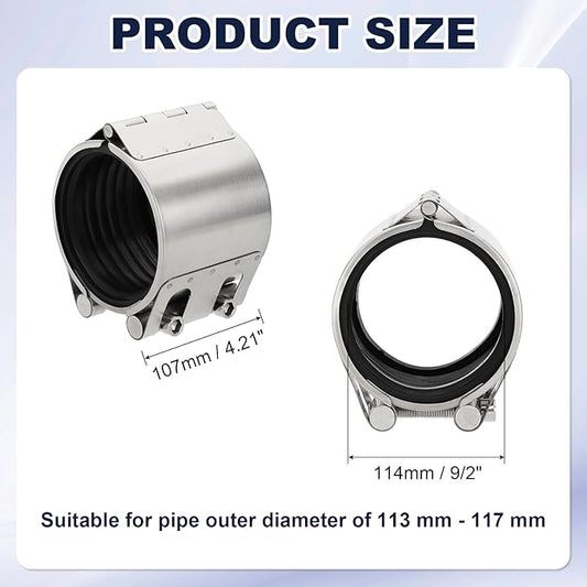 HARFINGTON Pipe Repair Clamp 4-1/2" OD 113mm-117mm 304 Stainless Steel Leak Sealer Emergency Pipe Repair for Plastic Metal Tubing Water Gas Oil Lines, Silver
