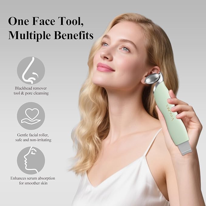 Blackhead Remover Tool with Ice Roller, Stainless Steel Face Scraper, Skin Scrubber Face Spatula for Deep Cleansing, 3-in-1 Skin Care Tool with 2 Silicone Brush Heads (Sage Mist)
