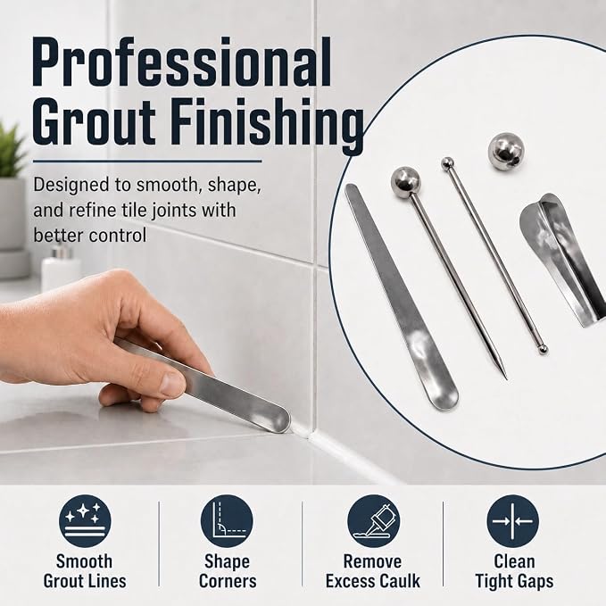 2 Sets Stainless Steel Caulking Tool Kit, Grout Finishing Tools for Tile Joints, Corners, Edges and Bathroom Seams, Reusable Caulk Removal and Smoothing Tools for Kitchen Bathroom Floor