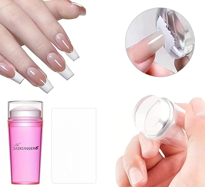 4Pcs French Tip Nail Stamp Set, Nail Stamper & Scraper, Clear Silicone French Tip Nail Art Stamper Kit with Scraper for Salon & DIY Manicure, Nail Stamping Tool for Nail Art Transfer